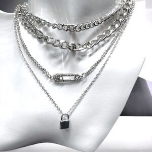 4 chains Layering Set l Rhinestone l Safety Pin l Lock l New l 16 Great Looks
